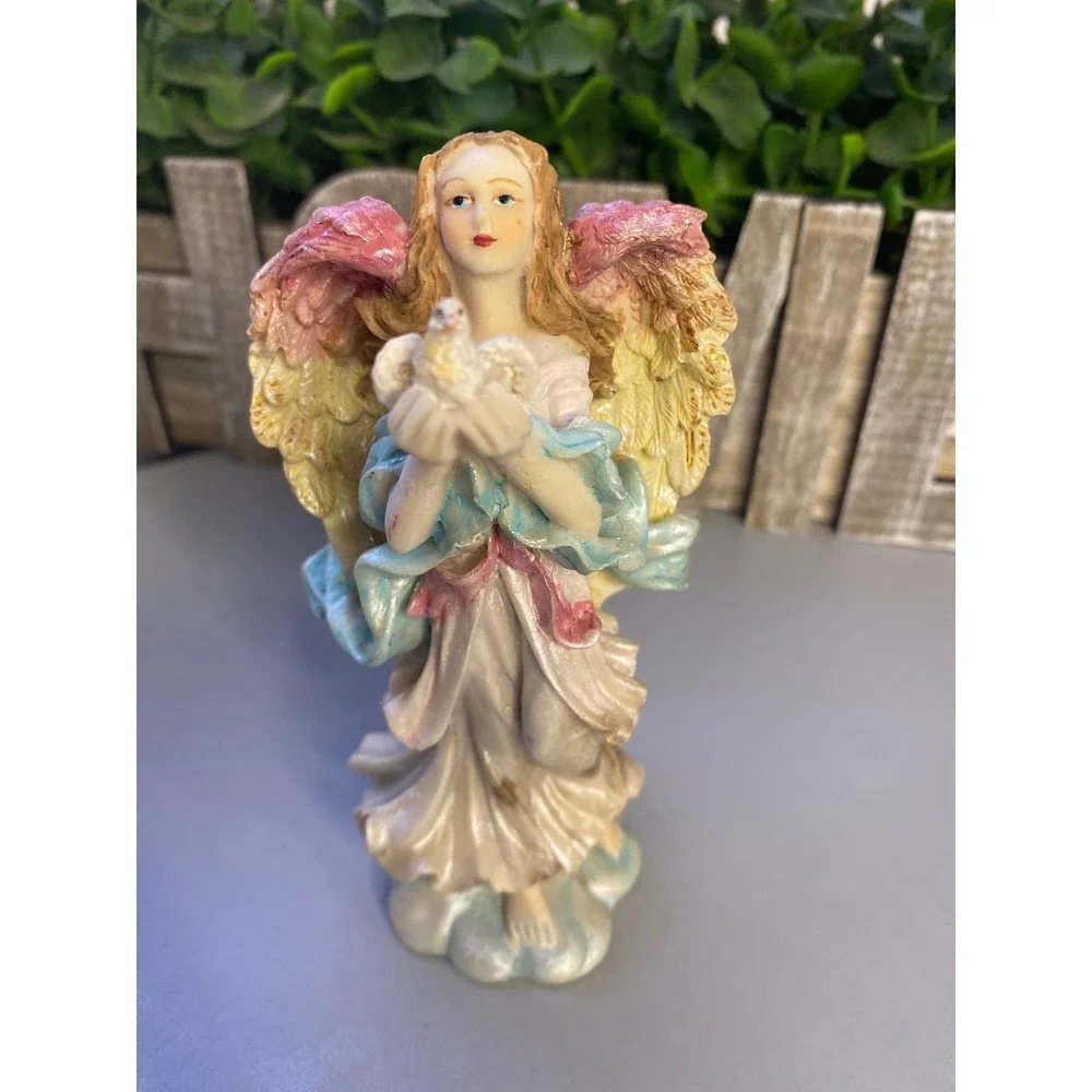 Angel Figurine‎ Holding Dove White Blue Pink Wings Statue